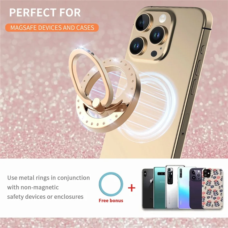 MS-02 Magnetic Phone Ring Holder 360-Degree Rotating Finger Grip Kickstand Rhinestone Decor - Gold