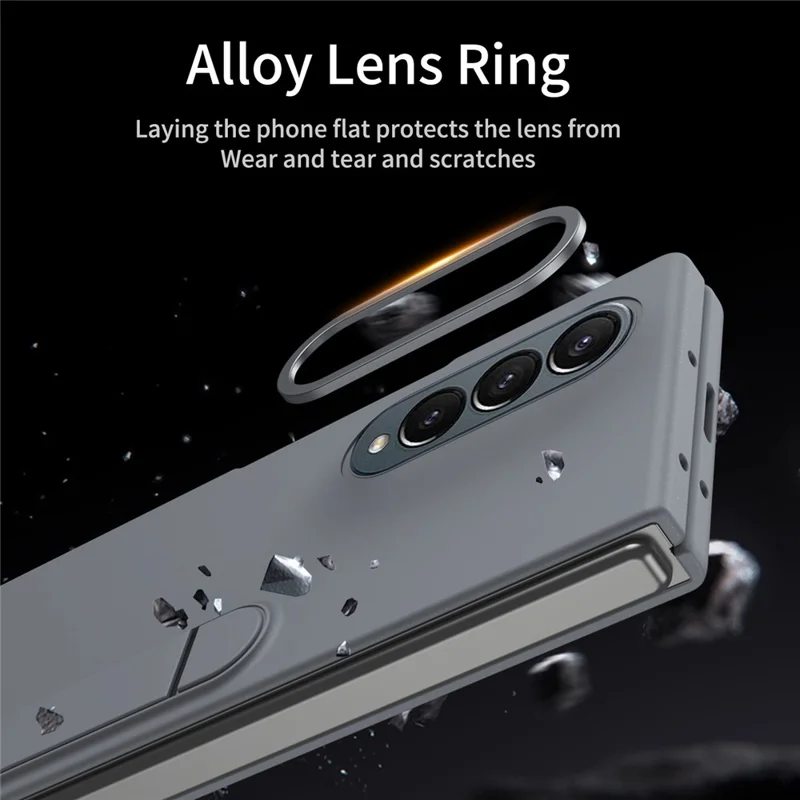 For Samsung Galaxy Z Fold3 5G Case Kickstand PC Phone Cover with Alloy Lens Ring - Grey