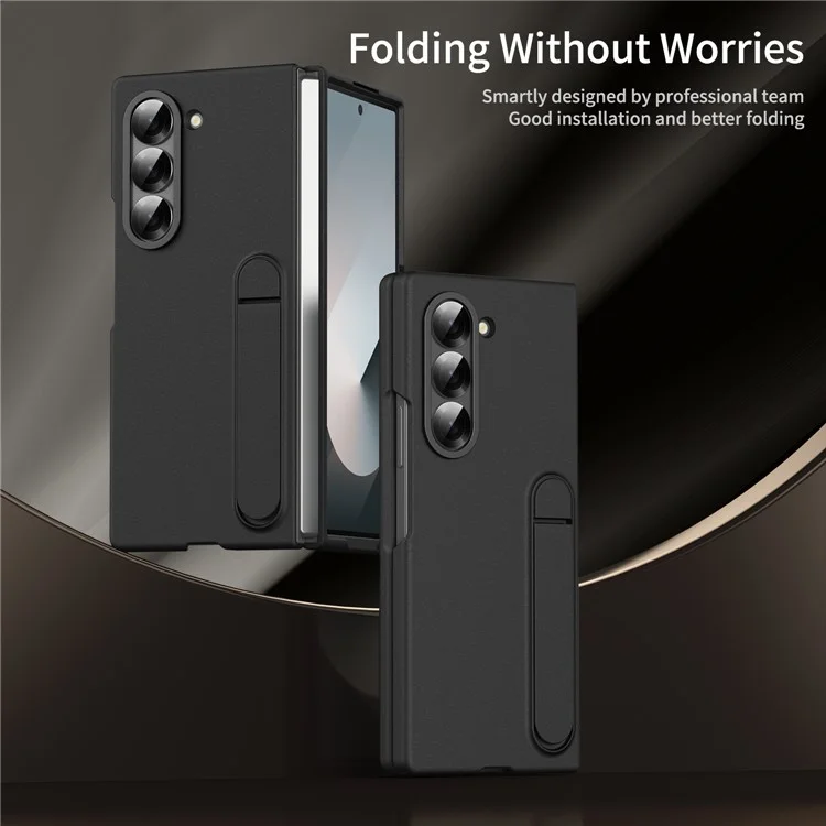 Para Samsung Galaxy Z Fold6 5G Case Tickstand PC Cover Con Anillo de Lentes de Aleación - Negro