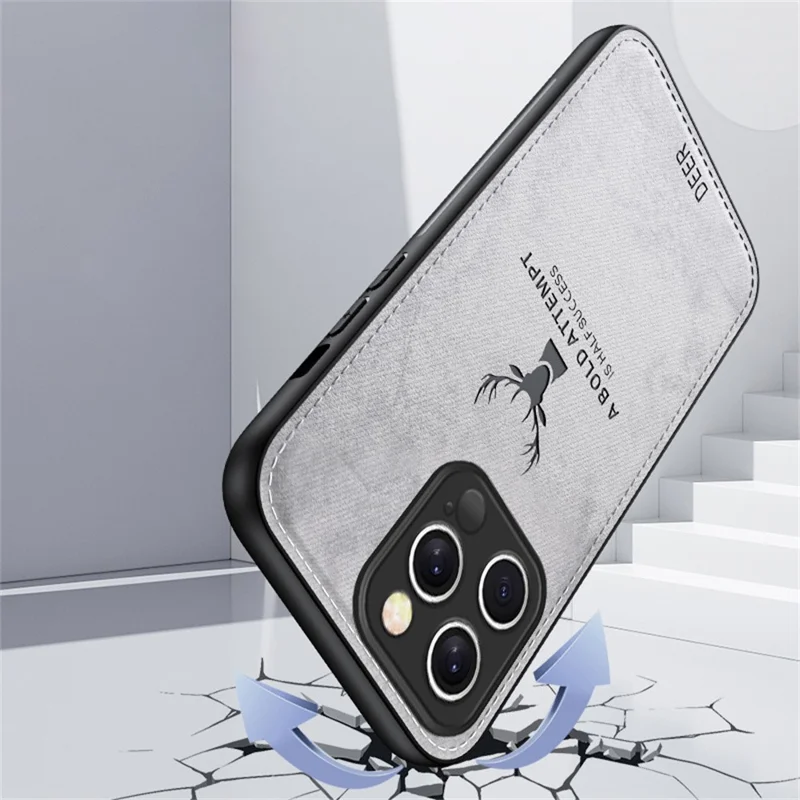 For iPhone 16 Pro Max Case Deer Pattern Cloth Texture PU Leather Hybrid Phone Cover - Grey