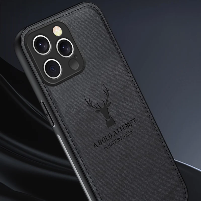 For iPhone 16 Pro Max Case Deer Pattern Cloth Texture PU Leather Hybrid Phone Cover - Grey