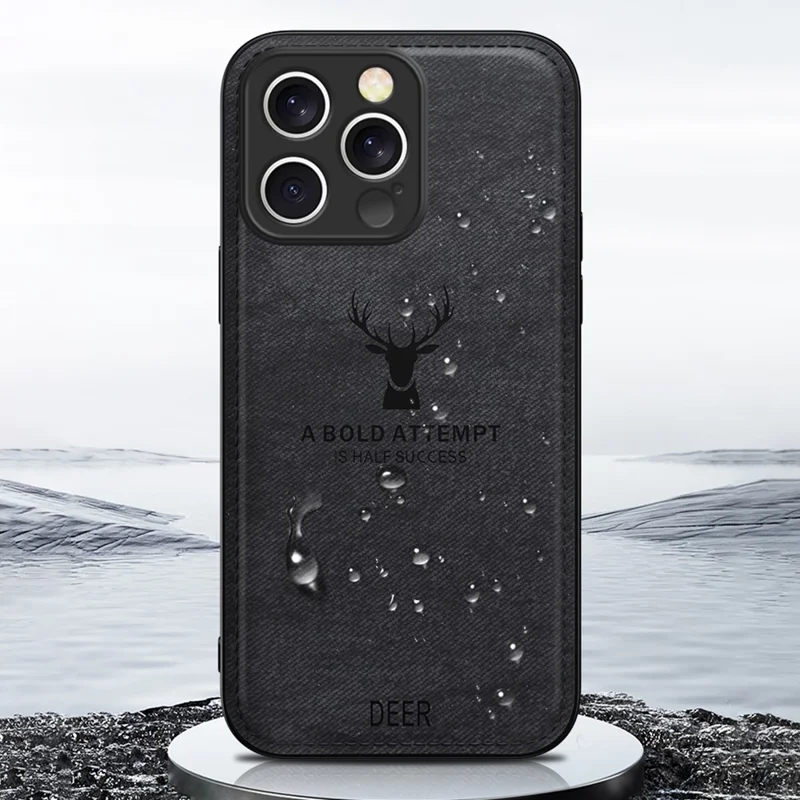 For iPhone 16 Pro Max Case Deer Pattern Cloth Texture PU Leather Hybrid Phone Cover - Grey