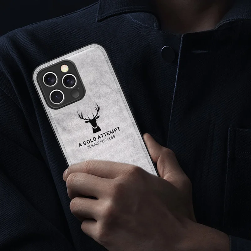 For iPhone 16 Pro Max Case Deer Pattern Cloth Texture PU Leather Hybrid Phone Cover - Grey