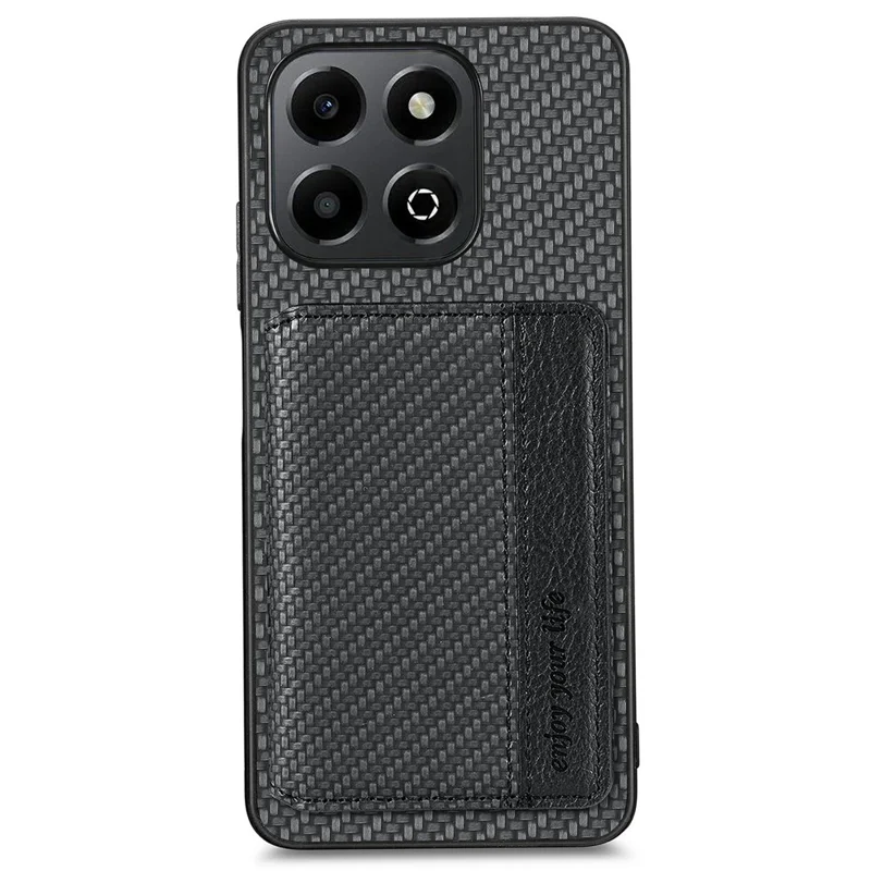 For Honor X6b 4G Case RFID Blocking Card Holder Carbon Fiber Leather+PC+TPU Phone Cover - Black