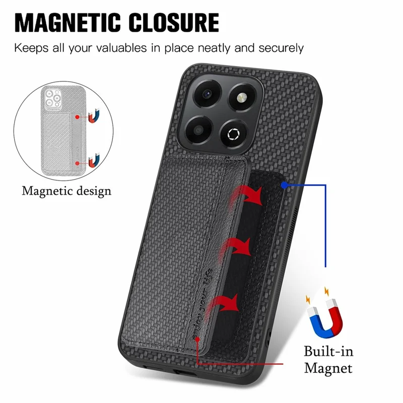 For Honor X6b 4G Case RFID Blocking Card Holder Carbon Fiber Leather+PC+TPU Phone Cover - Black