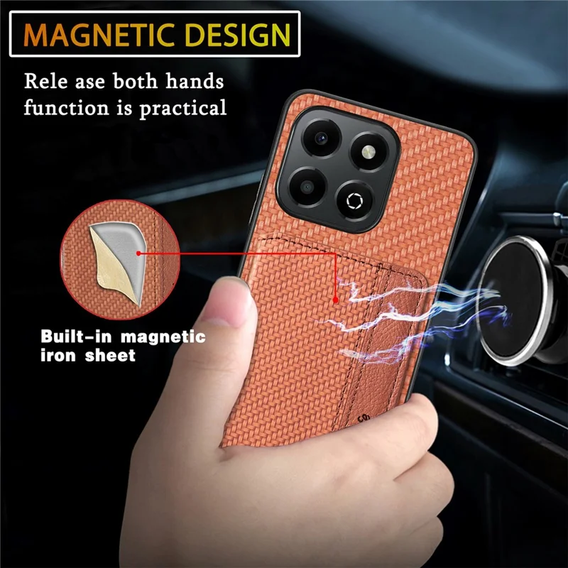 For Honor X6b 4G Case RFID Blocking Card Holder Carbon Fiber Leather+PC+TPU Phone Cover - Black