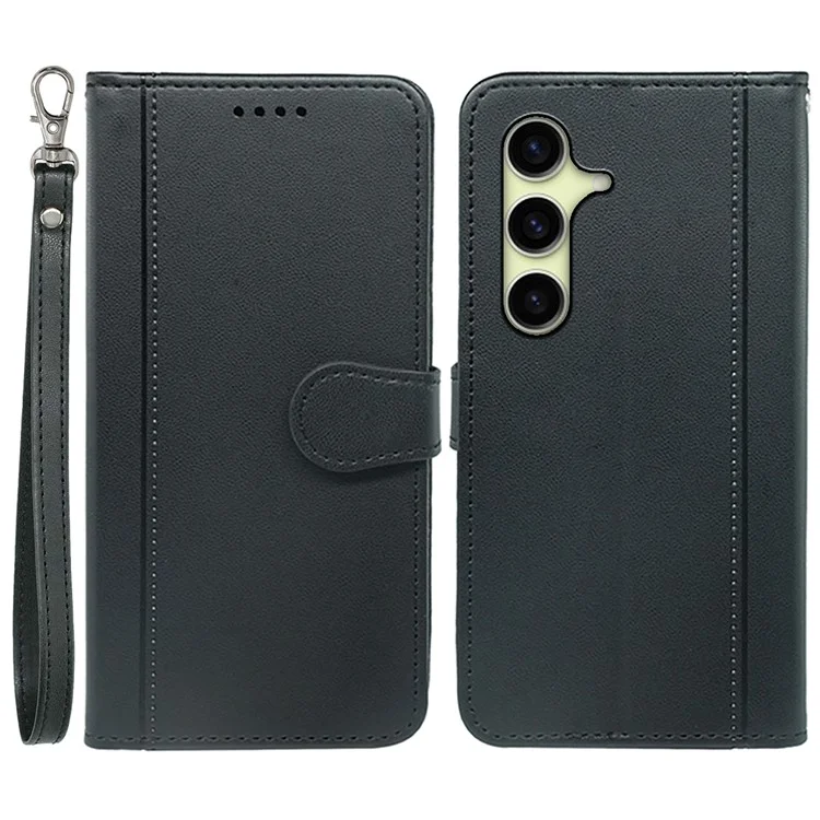 Для Samsung Galaxy S25 Case Case Case Magnetic Snap Кожаный Телефон с Ремешком - Черный