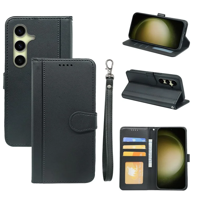 Для Samsung Galaxy S25 Case Case Case Magnetic Snap Кожаный Телефон с Ремешком - Черный