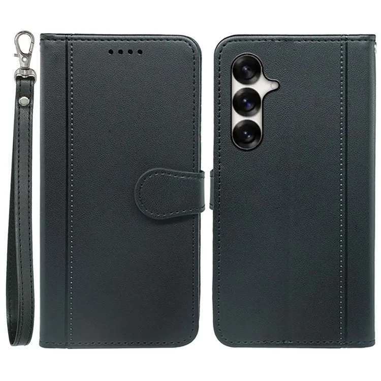 Für Samsung Galaxy S25+ Wallet Case Magnetic Snap Leder Telefonabdeckung Mit Riemen - Schwarz