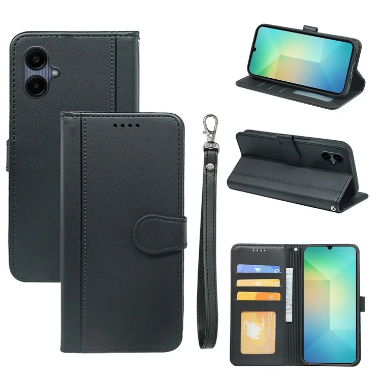 Для Samsung Galaxy A06 Case Case Magnetic Snap Leather Phone Cope с Ремешком - Черный