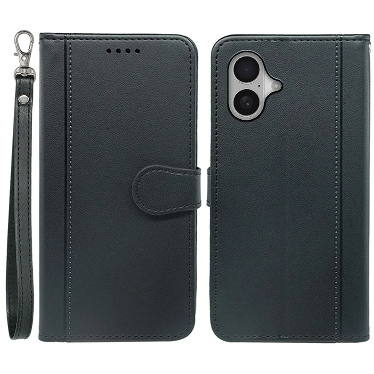 For iPhone 16 Wallet Case Magnetic Snap Leather Phone Cover with Strap - Black