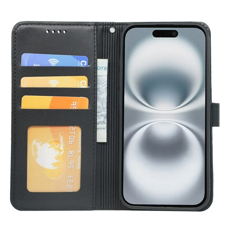 For iPhone 16 Wallet Case Magnetic Snap Leather Phone Cover with Strap - Black