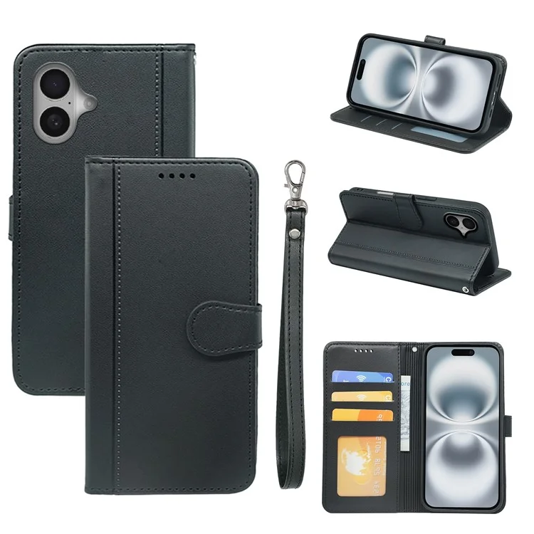 For iPhone 16 Wallet Case Magnetic Snap Leather Phone Cover with Strap - Black