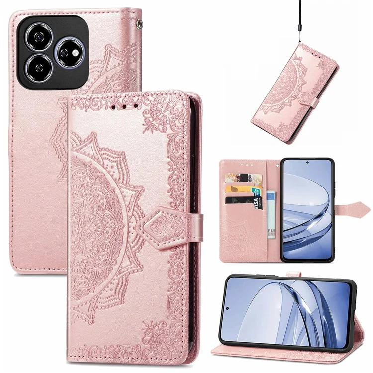 For ZTE Axon 60 / Blade V60 Wallet Case Mandala Flower Leather Phone Cover Stand View - Rose Gold