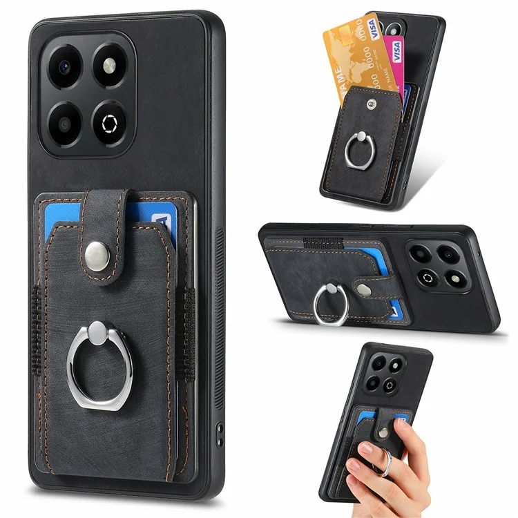 For Honor X6b 4G Case Kickstand Leather+TPU Non-Slip Protective Cover Card Slots - Black