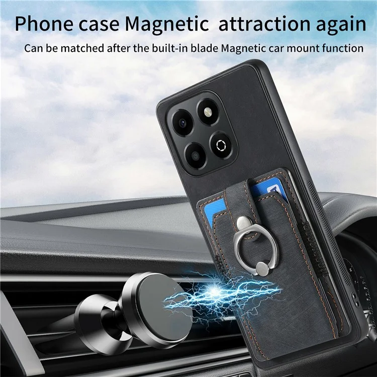 For Honor X6b 4G Case Kickstand Leather+TPU Non-Slip Protective Cover Card Slots - Black