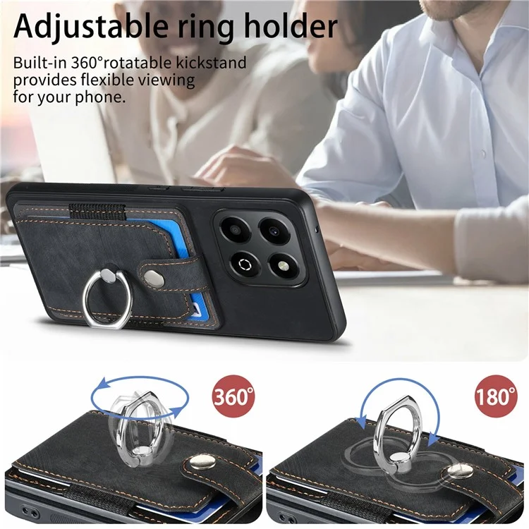 For Honor X6b 4G Case Kickstand Leather+TPU Non-Slip Protective Cover Card Slots - Black