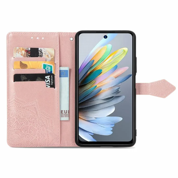 Para ZTE Blade A75 4G Caixa da Carteira Mandala Flower Leather Tampo Stand Stand View - Rose Gold