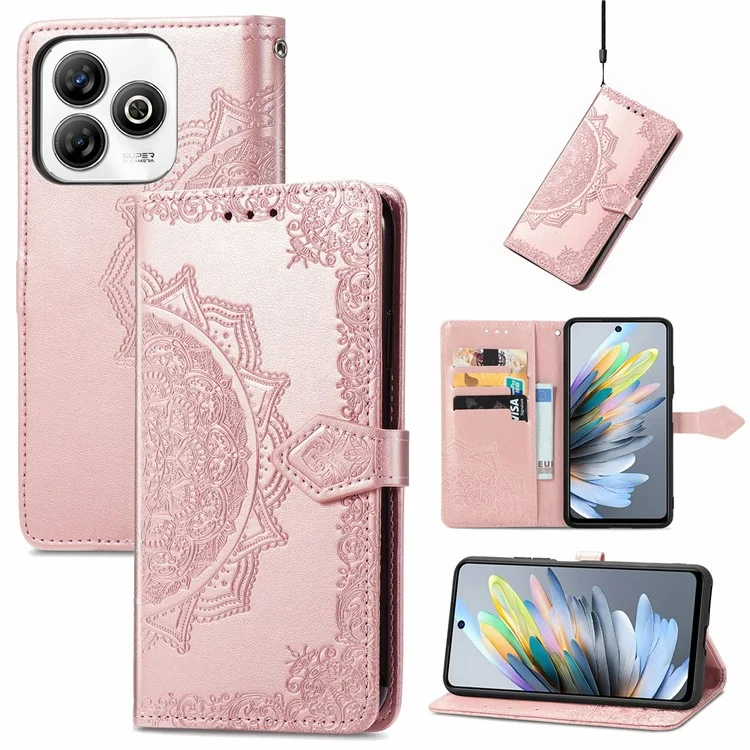 Para ZTE Blade A75 4G Caixa da Carteira Mandala Flower Leather Tampo Stand Stand View - Rose Gold