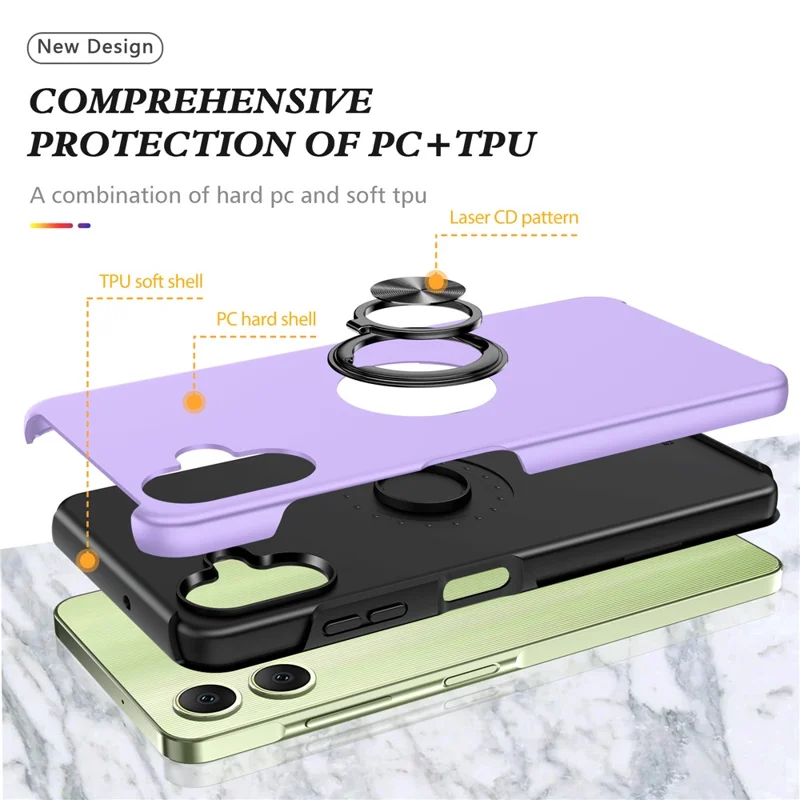 For Samsung Galaxy A06 4G Case PC+TPU Phone Cover with Rotatable Ring Holder - Purple