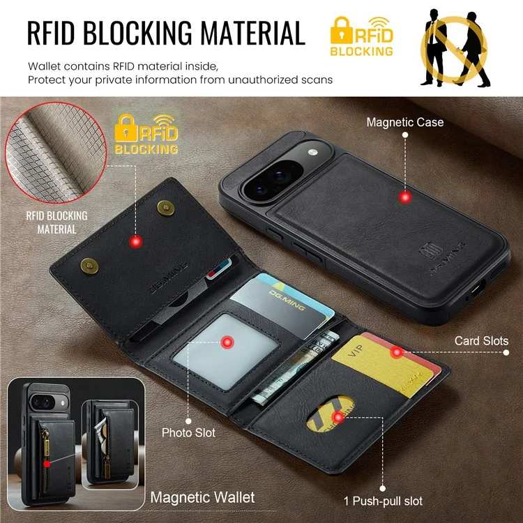 DG.MING M5 Series For Google Pixel 9 Pro  /  Pixel 9 Case Detachable Magnetic Leather Phone Cover with Card Slots - Black