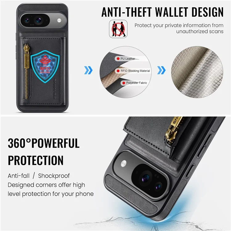 DG.MING M5 Series For Google Pixel 9 Pro  /  Pixel 9 Case Detachable Magnetic Leather Phone Cover with Card Slots - Black