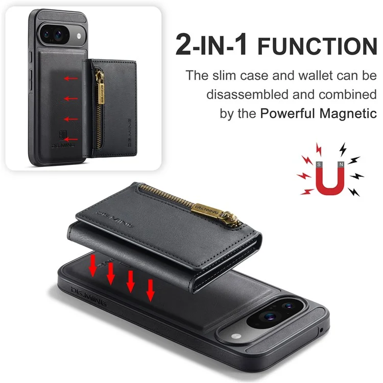 DG.MING M5 Series For Google Pixel 9 Pro  /  Pixel 9 Case Detachable Magnetic Leather Phone Cover with Card Slots - Black