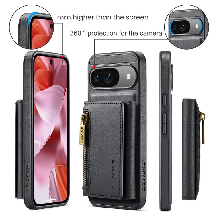 DG.MING M5 Series For Google Pixel 9 Pro  /  Pixel 9 Case Detachable Magnetic Leather Phone Cover with Card Slots - Black