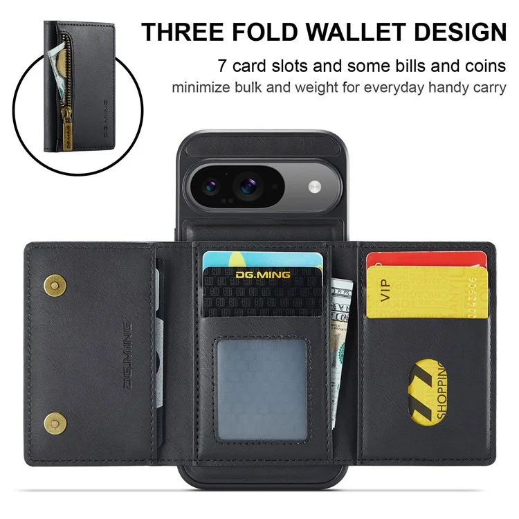 DG.MING M5 Series For Google Pixel 9 Pro  /  Pixel 9 Case Detachable Magnetic Leather Phone Cover with Card Slots - Black