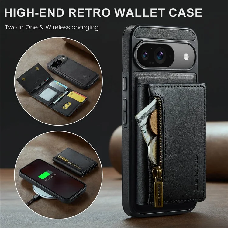 DG.MING M5 Series For Google Pixel 9 Pro  /  Pixel 9 Case Detachable Magnetic Leather Phone Cover with Card Slots - Black