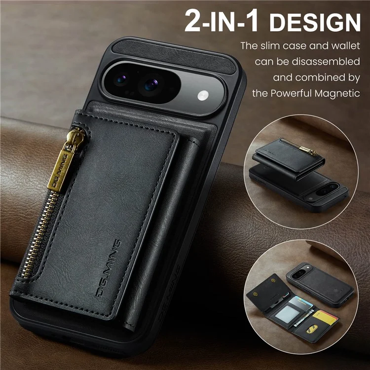 DG.MING M5 Series For Google Pixel 9 Pro  /  Pixel 9 Case Detachable Magnetic Leather Phone Cover with Card Slots - Black