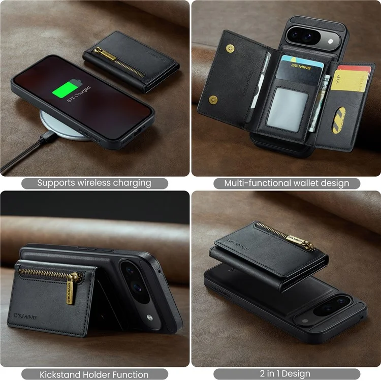 DG.MING M5 Series For Google Pixel 9 Pro  /  Pixel 9 Case Detachable Magnetic Leather Phone Cover with Card Slots - Black