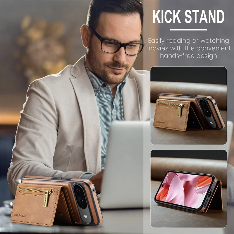 DG.MING M5 Series For Google Pixel 9 Pro  /  Pixel 9 Case Detachable Magnetic Leather Phone Cover with Card Slots - Brown
