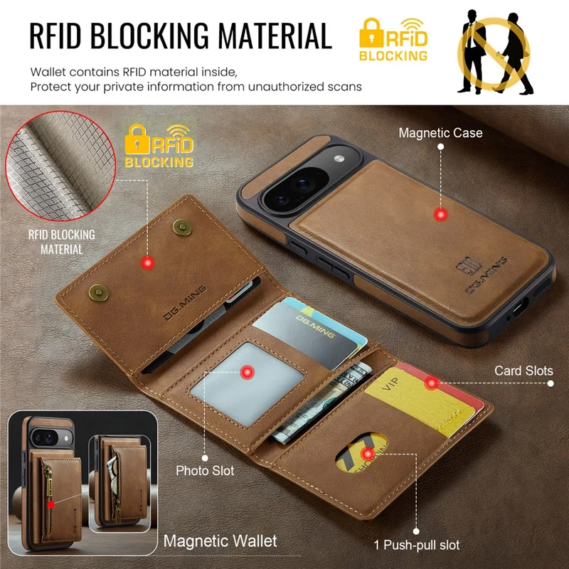 DG.MING M5 Series For Google Pixel 9 Pro  /  Pixel 9 Case Detachable Magnetic Leather Phone Cover with Card Slots - Brown