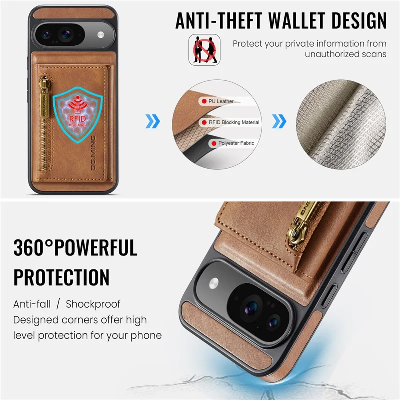 DG.MING M5 Series For Google Pixel 9 Pro  /  Pixel 9 Case Detachable Magnetic Leather Phone Cover with Card Slots - Brown