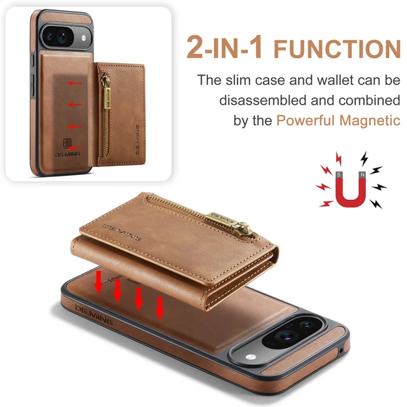 DG.MING M5 Series For Google Pixel 9 Pro  /  Pixel 9 Case Detachable Magnetic Leather Phone Cover with Card Slots - Brown