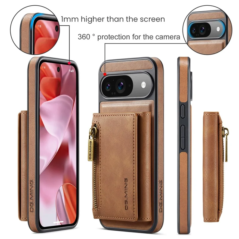DG.MING M5 Series For Google Pixel 9 Pro  /  Pixel 9 Case Detachable Magnetic Leather Phone Cover with Card Slots - Brown