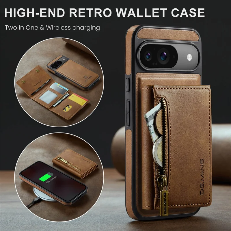 DG.MING M5 Series For Google Pixel 9 Pro  /  Pixel 9 Case Detachable Magnetic Leather Phone Cover with Card Slots - Brown