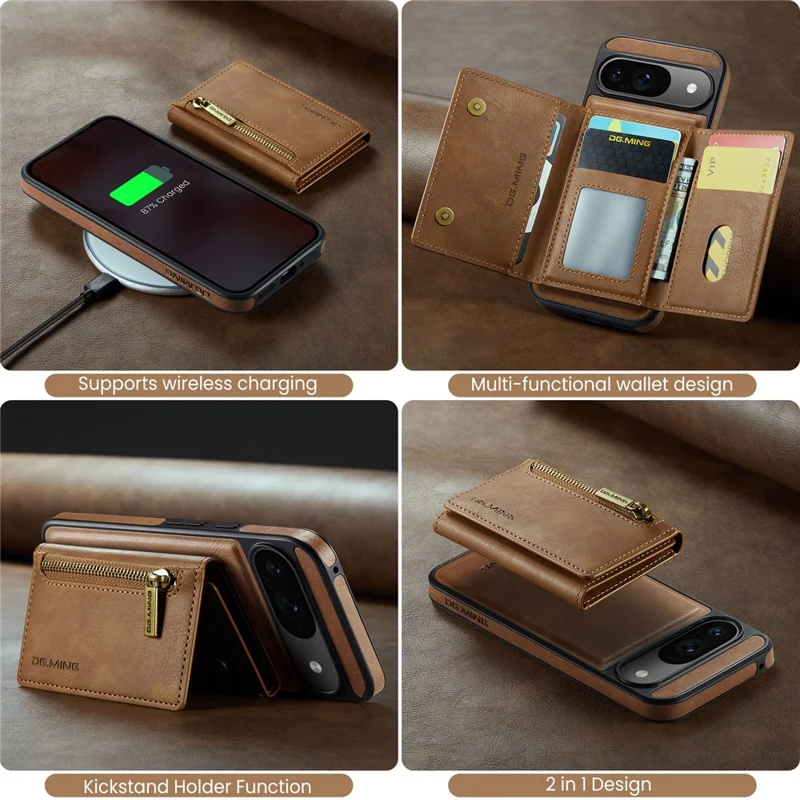 DG.MING M5 Series For Google Pixel 9 Pro  /  Pixel 9 Case Detachable Magnetic Leather Phone Cover with Card Slots - Brown