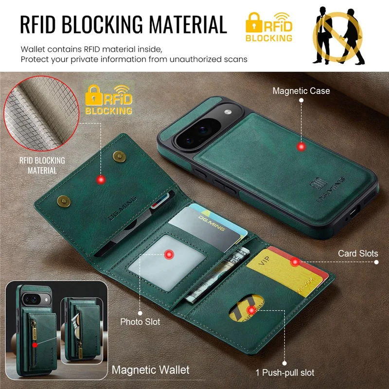 DG.MING M5 Series For Google Pixel 9 Pro  /  Pixel 9 Case Detachable Magnetic Leather Phone Cover with Card Slots - Green