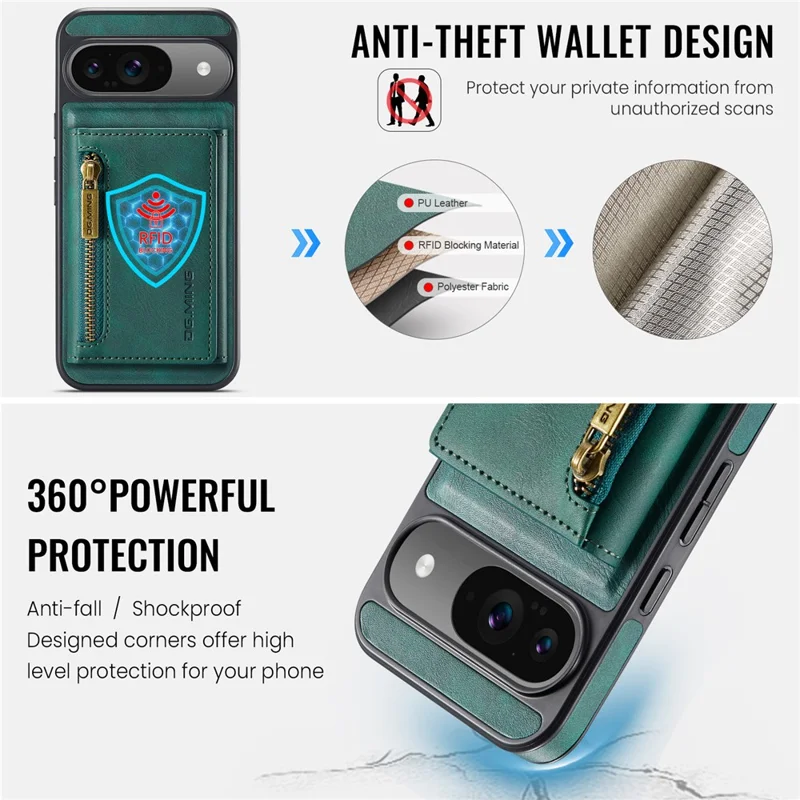 DG.MING M5 Series For Google Pixel 9 Pro  /  Pixel 9 Case Detachable Magnetic Leather Phone Cover with Card Slots - Green