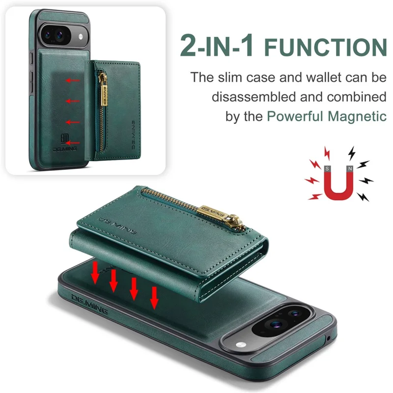 DG.MING M5 Series For Google Pixel 9 Pro  /  Pixel 9 Case Detachable Magnetic Leather Phone Cover with Card Slots - Green