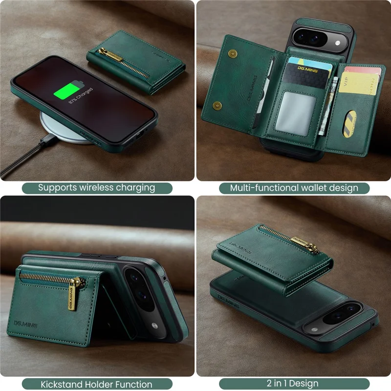 DG.MING M5 Series For Google Pixel 9 Pro  /  Pixel 9 Case Detachable Magnetic Leather Phone Cover with Card Slots - Green