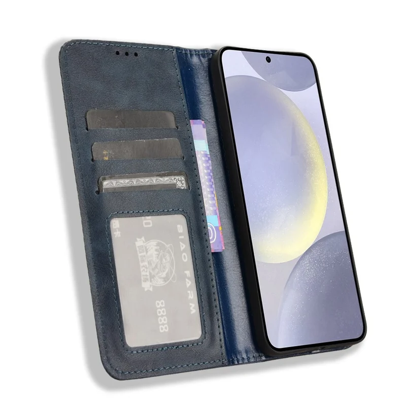 For Samsung Galaxy S24 FE Leather Case Wallet Stand Retro Texture Phone Cover - Blue
