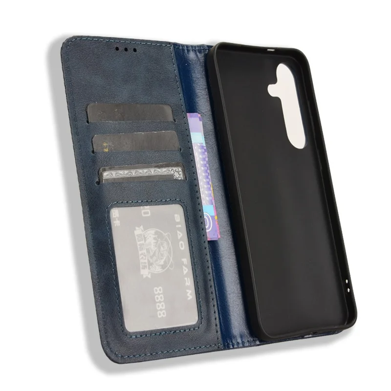 For Samsung Galaxy S24 FE Leather Case Wallet Stand Retro Texture Phone Cover - Blue