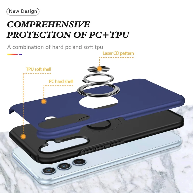 For Samsung Galaxy A16 5G / A16 4G Case PC+TPU Phone Cover with Rotatable Ring Holder - Blue