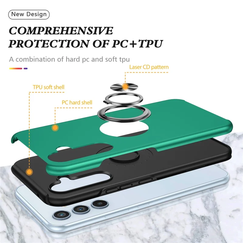 For Samsung Galaxy A16 5G / A16 4G Case PC+TPU Phone Cover with Rotatable Ring Holder - Blackish Green