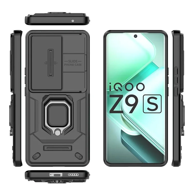 For vivo iQOO Z9s 5G Case PC+TPU Kickstand Phone Protector with Lens Cover - Black