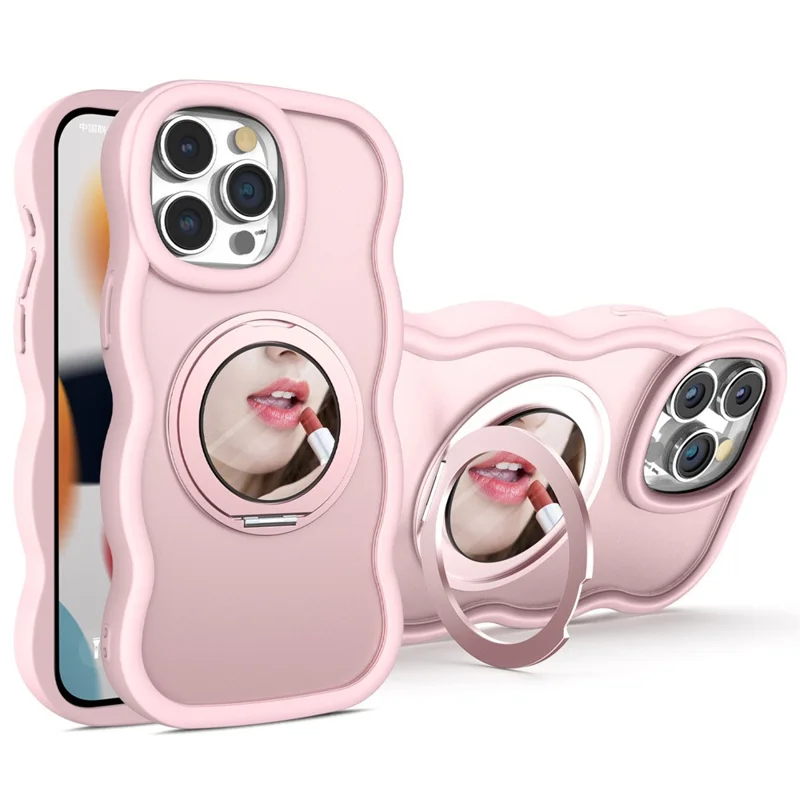 For iPhone 15 Pro Case Compatble with MagSafe Kickstand TPU+PC Phone Cover Built-In Mirror - Pink