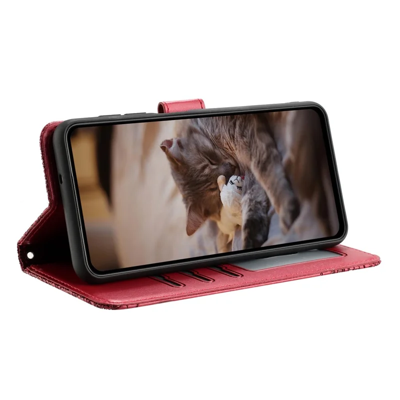 For Xiaomi 14T Pro Case with Wrist Strap Leather Phone Cover Wall Cats Pattern - Red